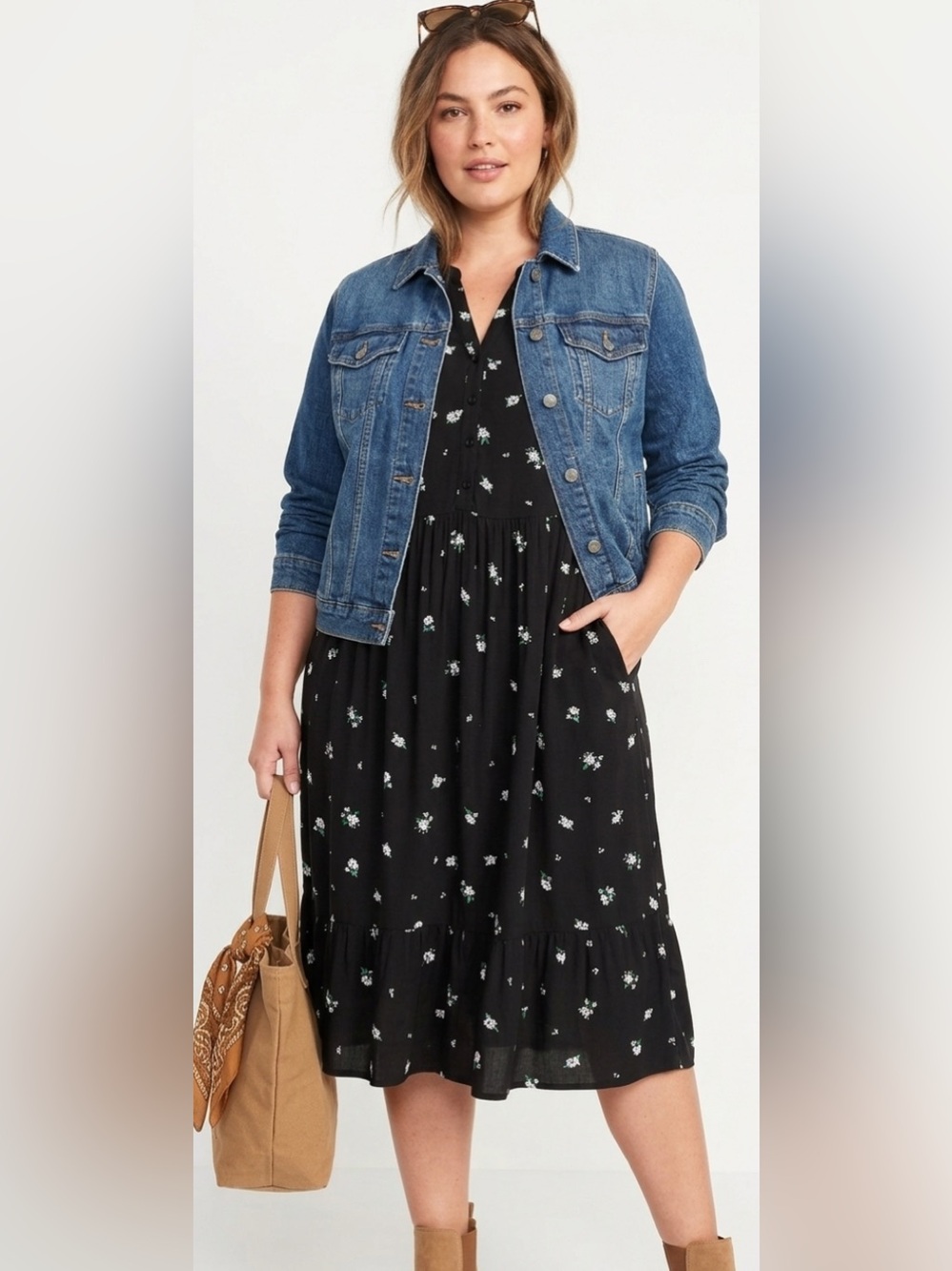 Old Navy Size 2X Floral Black And White Knee Length 3/4 Sl Cottage Core Country